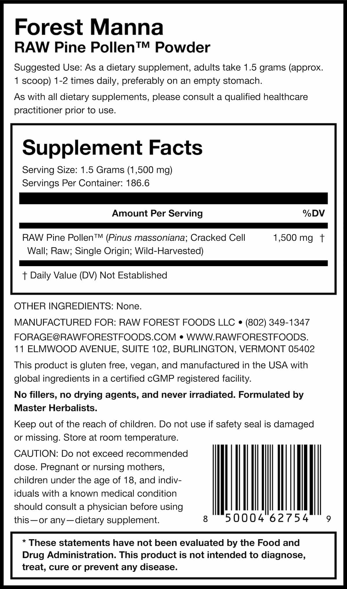 Forest Manna RAW Pine Pollen Powder Supplement 280 Grams Facts Panel