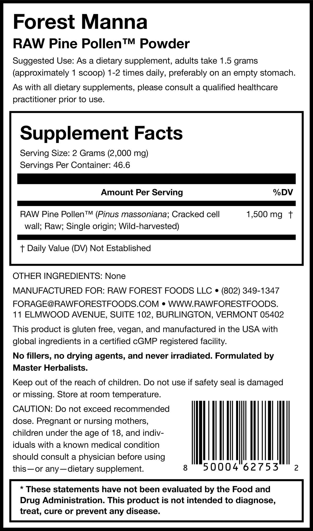 Forest Manna RAW Pine Pollen Powder 70 Grams Supplement Facts Panel