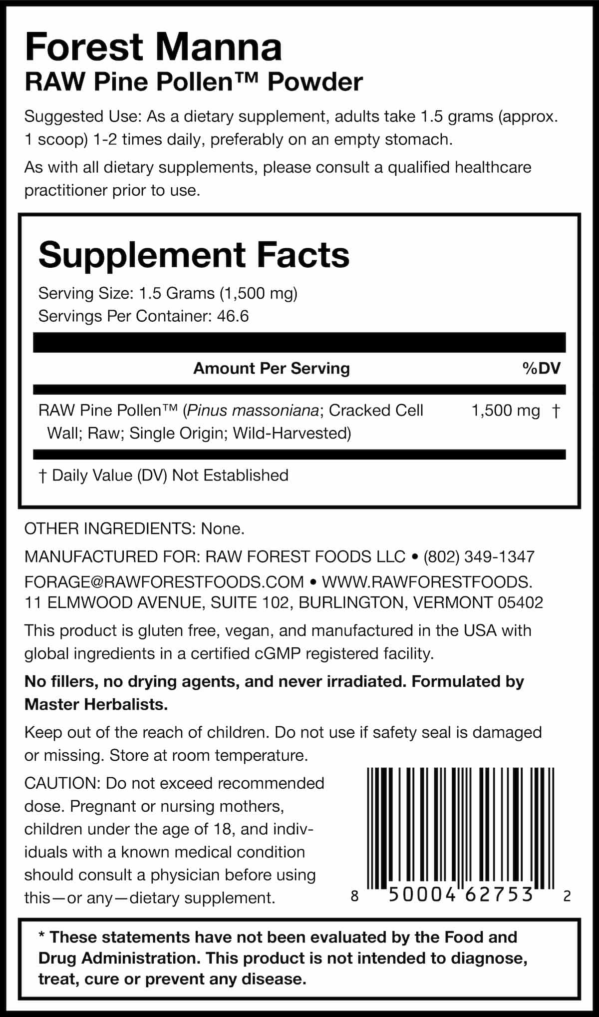 Forest Manna RAW Pine Pollen Powder 70 Grams Supplement Facts Panel