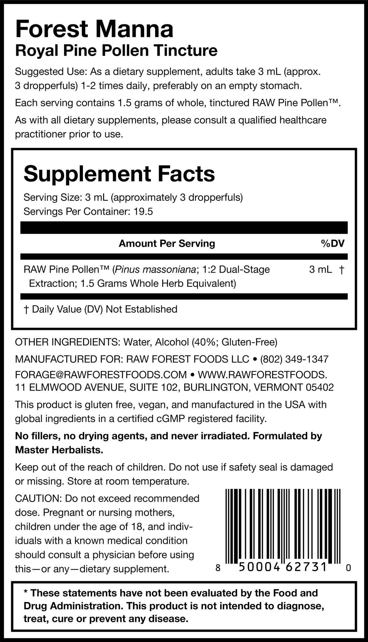 Forest Manna Royal Pine Pollen Tincture 2 Ounce Bottle Supplement Facts Panel
