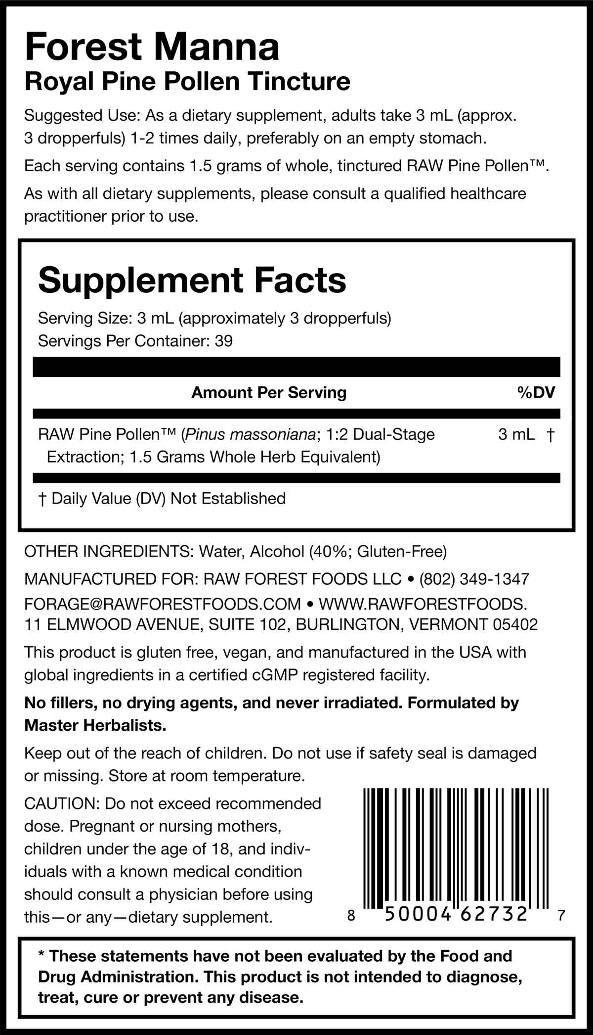 Forest Manna Royal Pine Pollen Tincture 4 Ounce Bottle Supplement Facts Panel