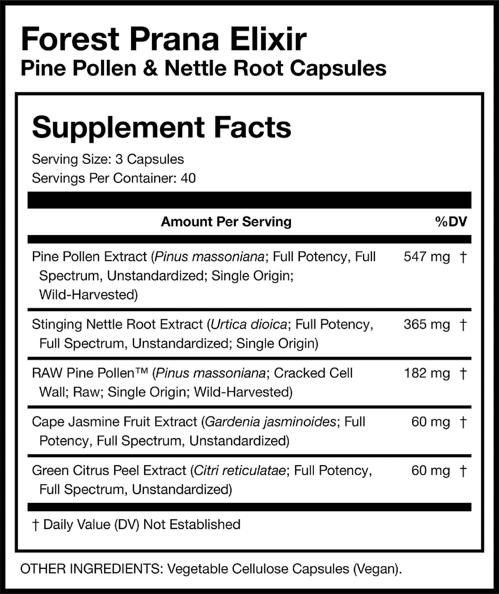 Forest Prana Elixir Pine Pollen & Nettle Root Capsules Supplement Facts Card