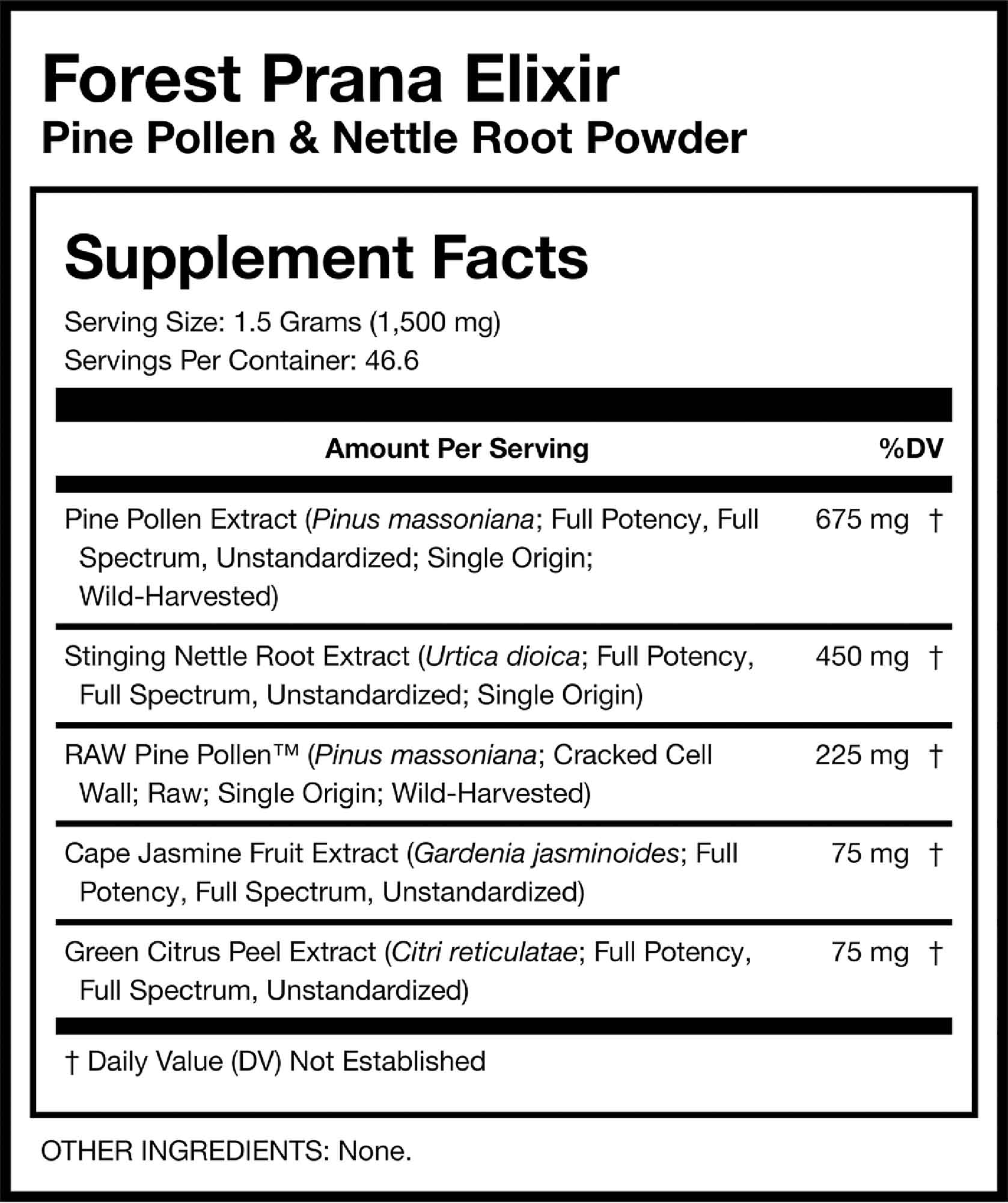 Forest Prana Elixir Pine Pollen & Nettle Root Powder Supplement Facts Card