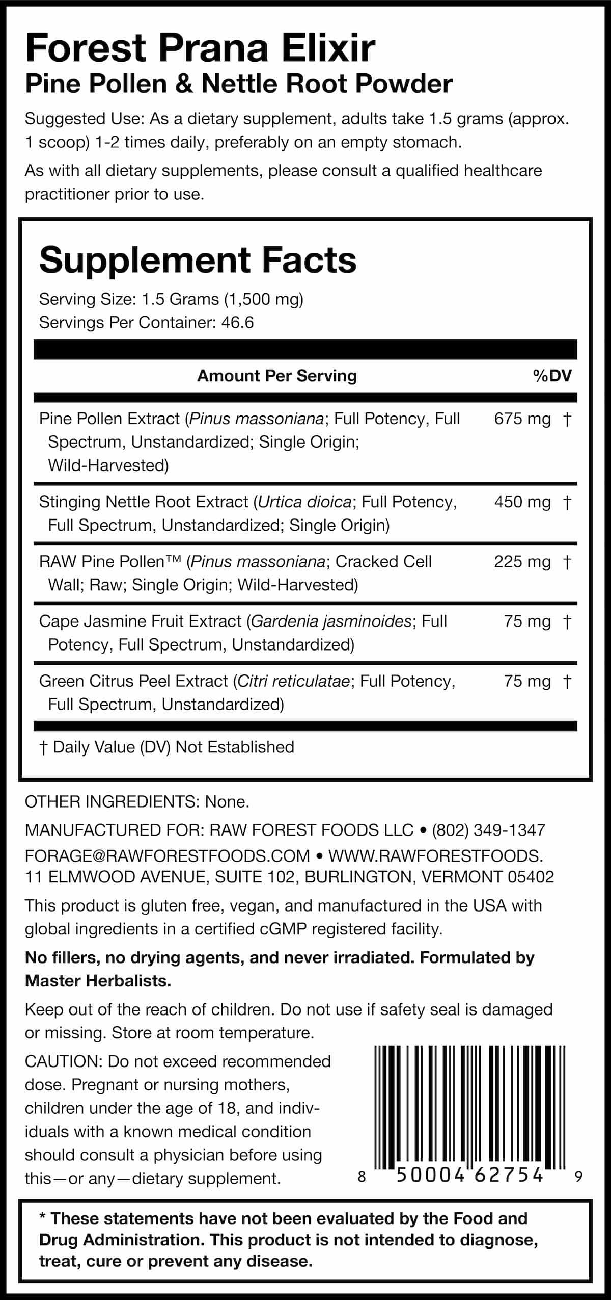 Forest Prana Elixir Pine Pollen and Nettle Root Powder Supplement Facts Panel
