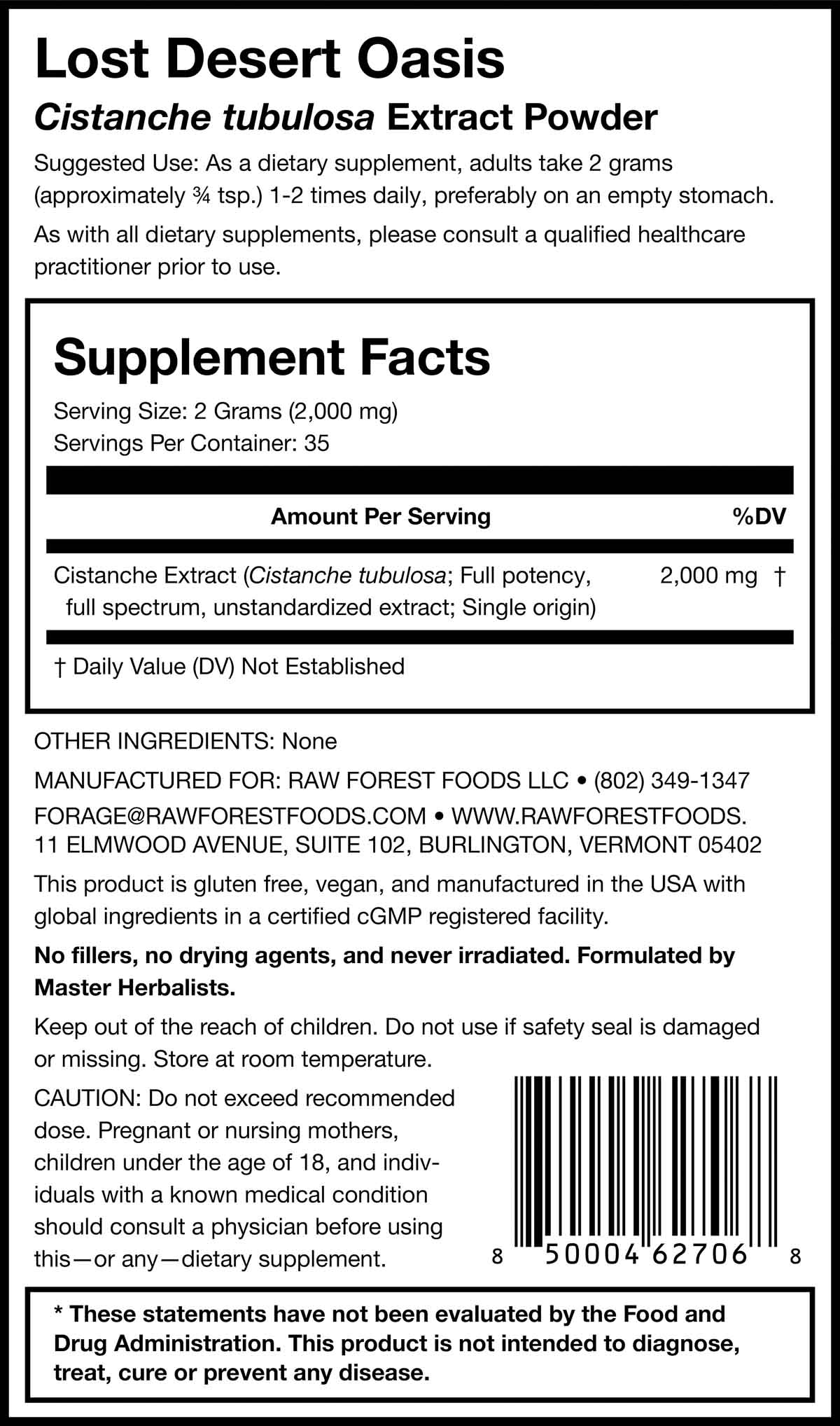 Lost Desert Oasis Cistanche tubulosa Extract Powder Supplement Facts Panel