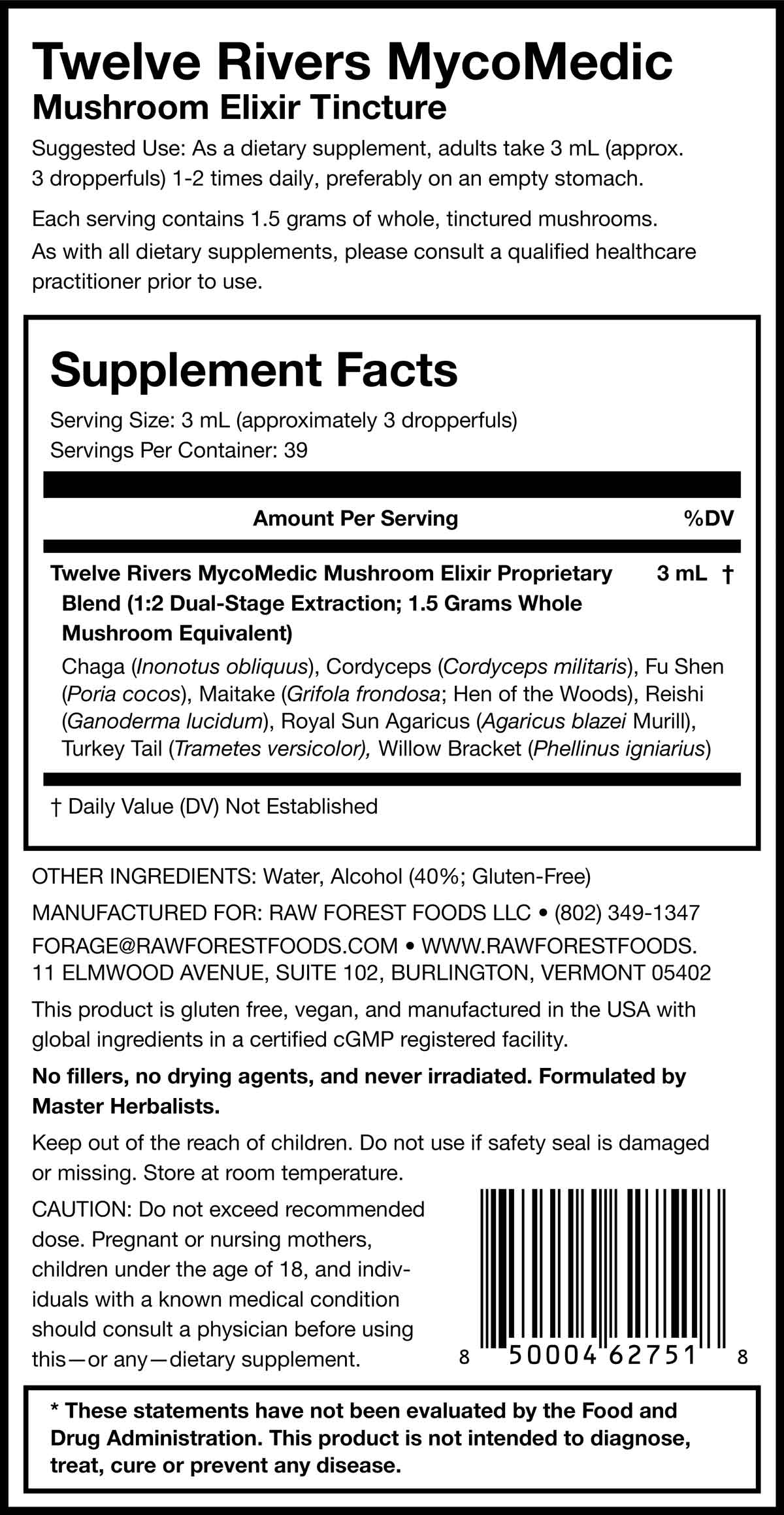 Supplement facts panel for Twelve Rivers MycoMedic Mushroom Elixir Tincture