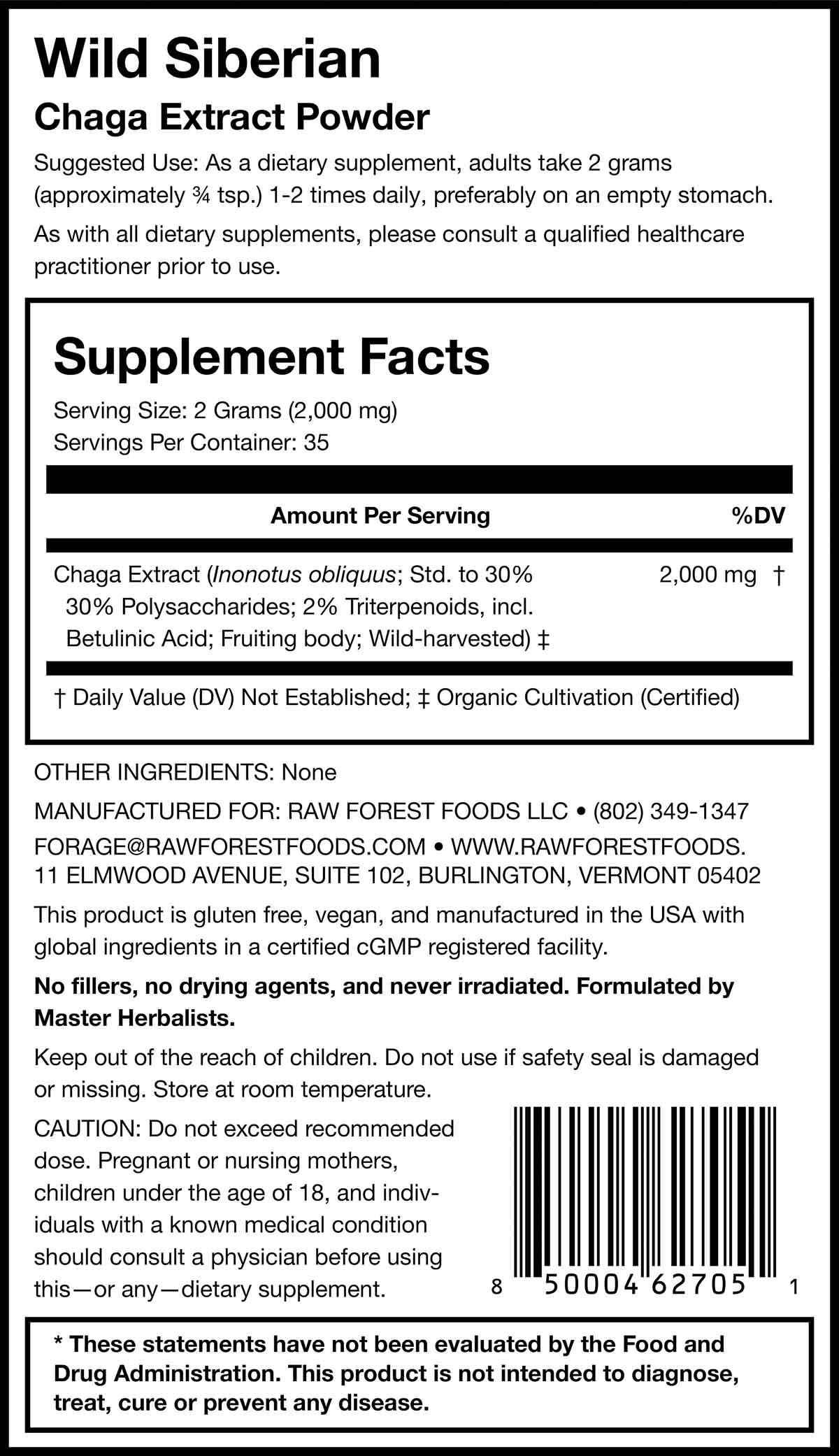Wild Siberian Chaga Extract Powder Supplement Facts Panel