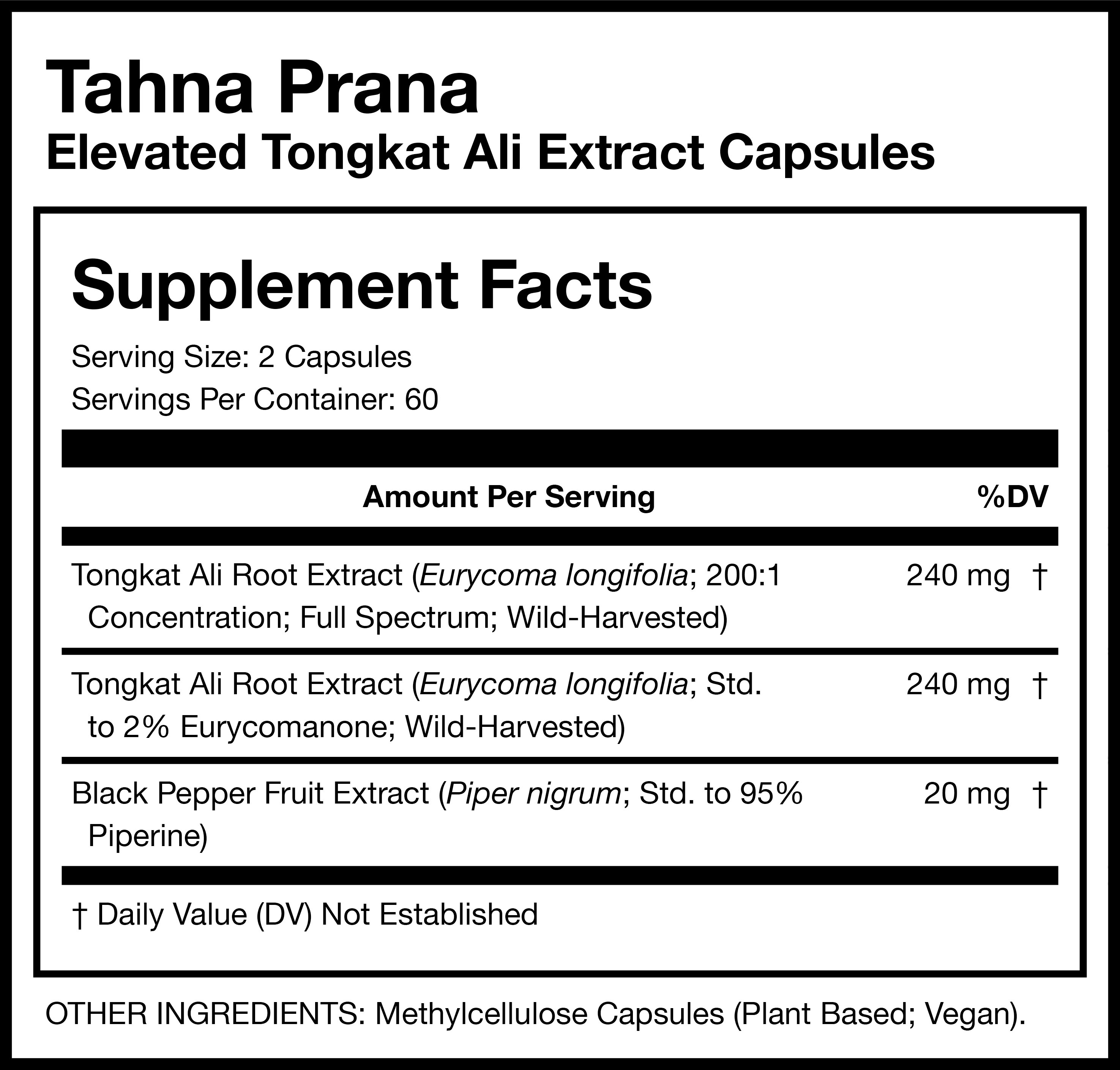 Tahna Prana Elevated Tongkat Ali Extract Capsules Supplement Facts Card