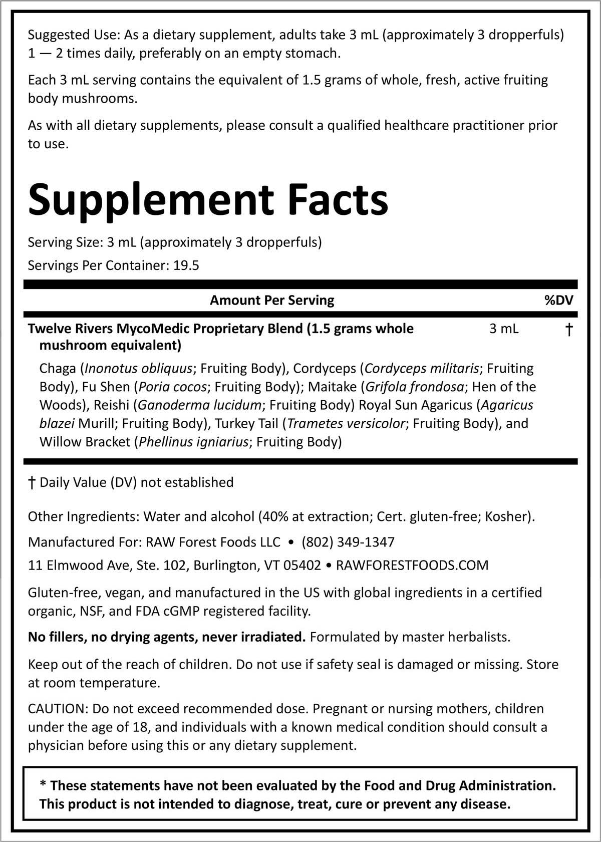 Twelve Rivers MycoMedic Tincture Supplement Facts 2 Ounce Bottle
