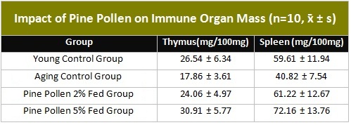 Таблица, показывающая влияние пыльцы сосны на массу иммунных органов